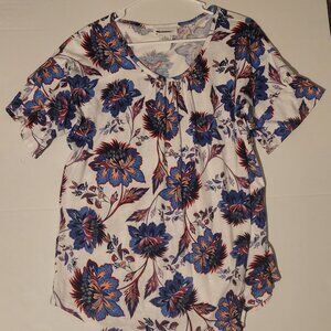 Liz Claiborne Womens Scoop Neck Sz L Blouse White Floral Short Sleeve